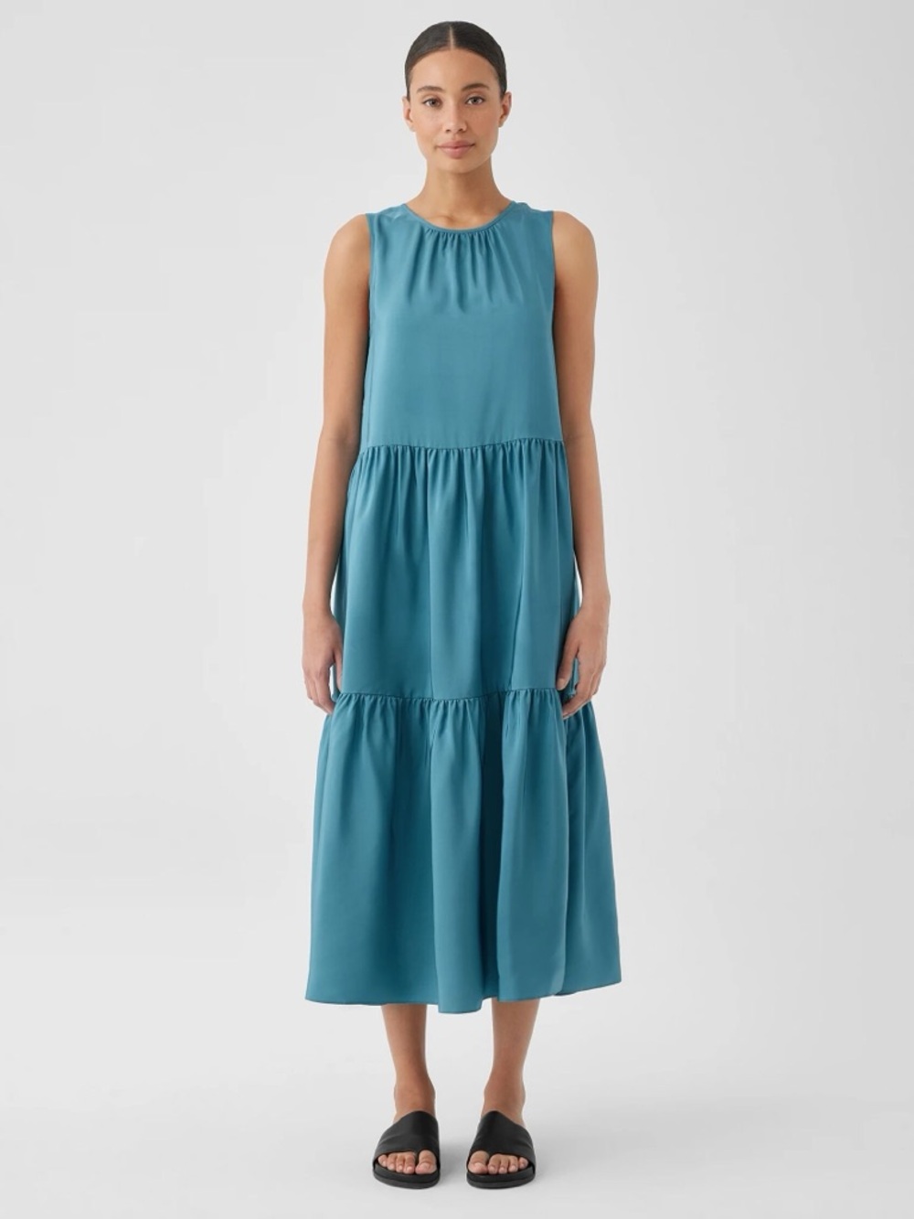 NWT Eileen Fisher Washed Silk Tiered Dress Easy Fit Full Length Sz S